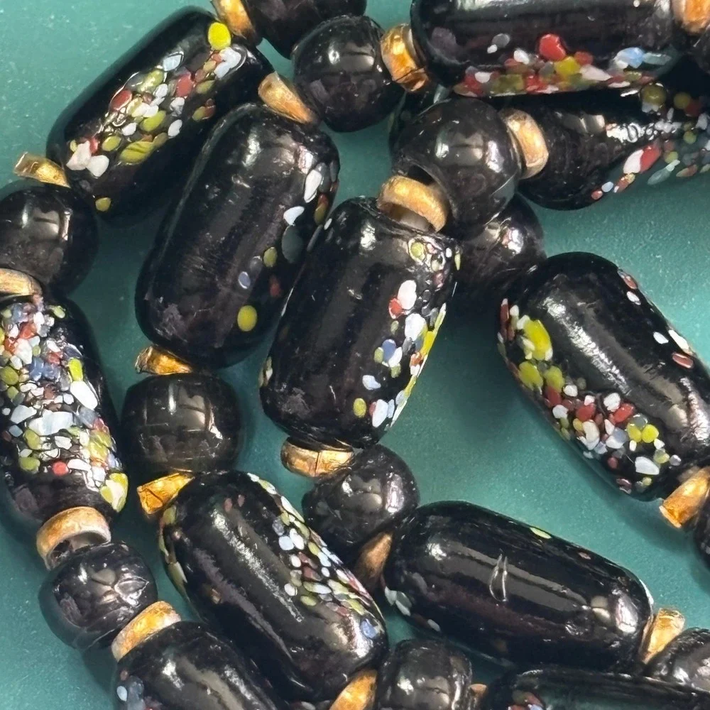 VTG Venetian or‎ Murano Black Glass Confetti Bead Necklace Multicolor
